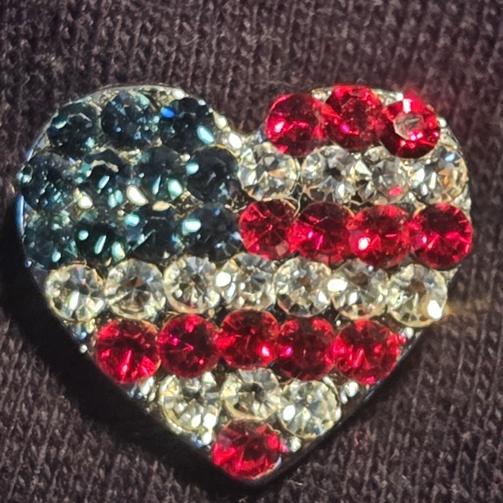 Tiny .5" Red, White & Blue Sparkly Crystal Unisex American Flag Heart Pin